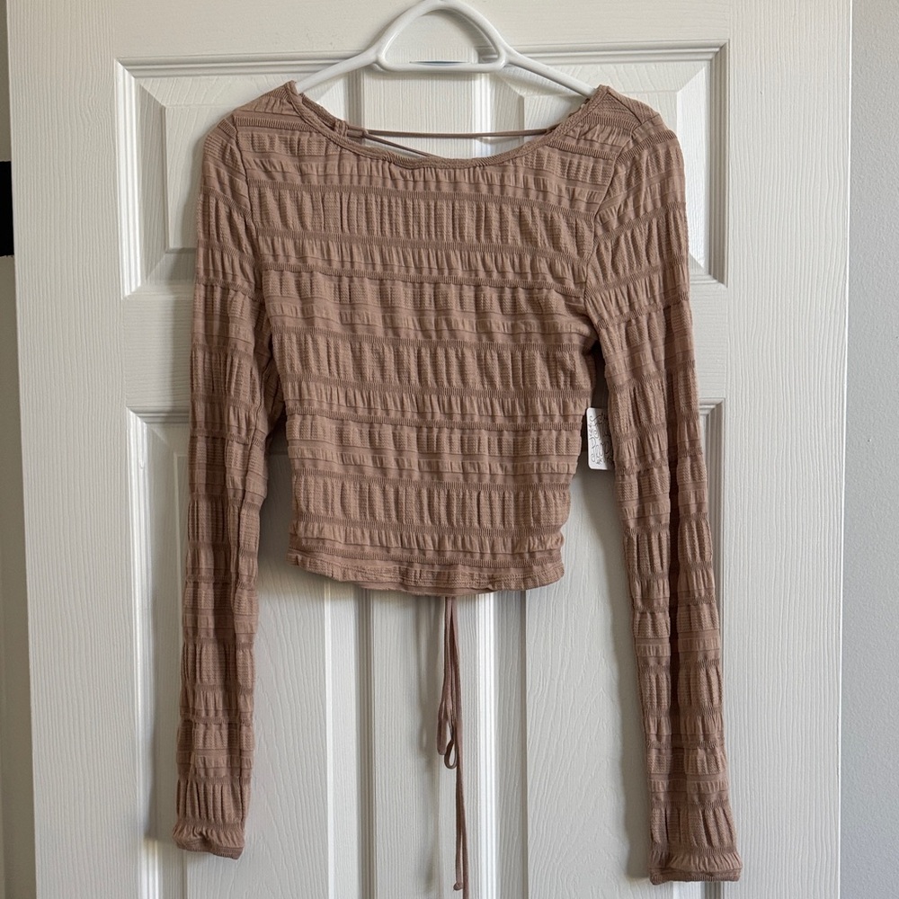 Free People Long Sleeve Textured Crop Top in Taupe